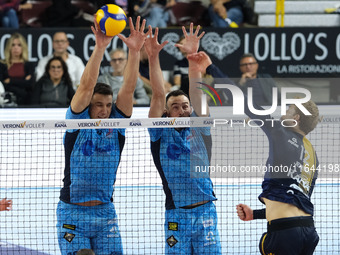 Daniele Mazzone of Cisterna Volley blocks during the match between Rana Verona and Cisterna Volley in the regular season of the SuperLega It...