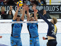 Daniele Mazzone of Cisterna Volley blocks during the match between Rana Verona and Cisterna Volley in the regular season of the SuperLega It...