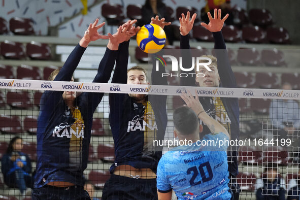 Mads Kyed Jensen of Rana Verona blocks during the match between Rana Verona and Cisterna Volley in the regular season of the SuperLega Itali...