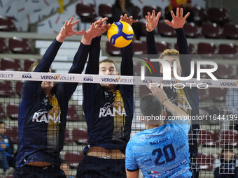 Mads Kyed Jensen of Rana Verona blocks during the match between Rana Verona and Cisterna Volley in the regular season of the SuperLega Itali...