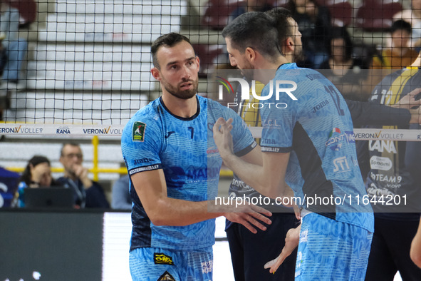 Jordi Ramon of Cisterna Volley celebrates after scoring a point during the match between Rana Verona and Cisterna Volley, regular season of...