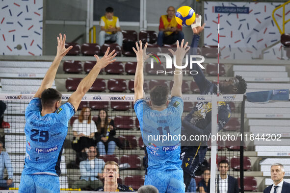 Noumory Keita of Rana Verona spikes the ball during the match between Rana Verona and Cisterna Volley in the regular season of the SuperLega...