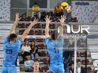 Noumory Keita of Rana Verona spikes the ball during the match between Rana Verona and Cisterna Volley in the regular season of the SuperLega...