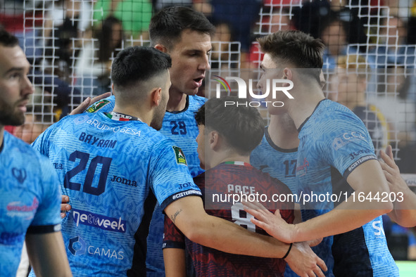 Cisterna Volley celebrates after scoring a point during the match between Rana Verona and Cisterna Volley in the regular season of the Super...