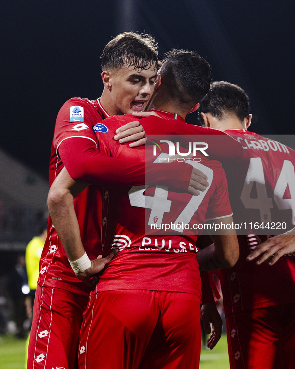 Daniel Maldini and Dany Mota celebrate the goal during the Serie A football match between AC Monza and AS Roma in Monza, Italy, on October 6...