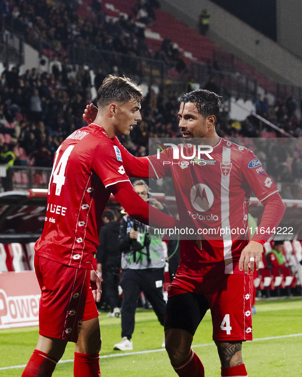 Daniel Maldini and Armando Izzo celebrate the goal during the Serie A football match between AC Monza and AS Roma at U-Power Stadium in Monz...