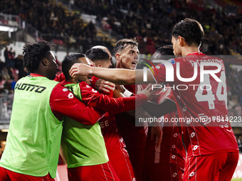 Dany Mota, Daniel Maldini, and Andrea Carboni celebrate after scoring a goal during the Serie A football match between AC Monza and AS Roma...