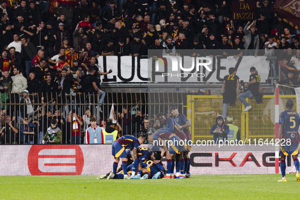 Artem Dovbyk celebrates after scoring a goal during the Serie A football match between AC Monza and AS Roma at U-Power Stadium in Monza, Ita...