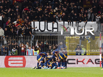 Artem Dovbyk celebrates after scoring a goal during the Serie A football match between AC Monza and AS Roma at U-Power Stadium in Monza, Ita...