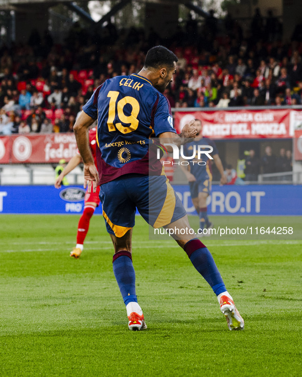 Zeki Celik plays during the Serie A match between AC Monza and AS Roma at U-Power Stadium in Monza, Italy, on October 6, 2024. 