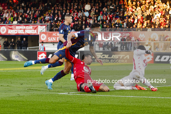 Armando Izzo and Lorenzo Pellegrini play during the Serie A match between AC Monza and AS Roma at U-Power Stadium in Monza, Italy, on Octobe...