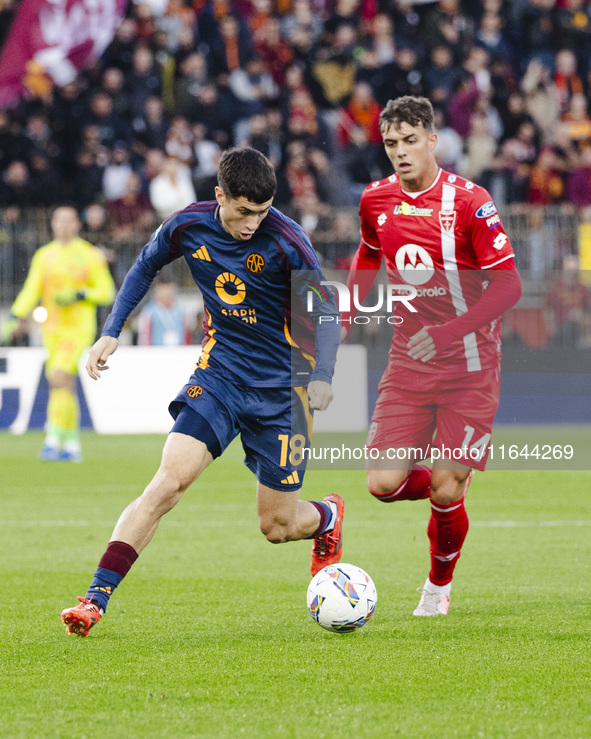 Matias Soule and Daniel Maldini play during the Serie A match between AC Monza and AS Roma at U-Power Stadium in Monza, Italy, on October 6,...