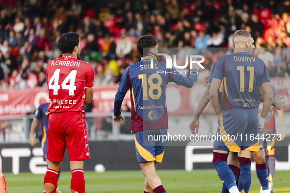 Matias Soule plays during the Serie A match between AC Monza and AS Roma at U-Power Stadium in Monza, Italy, on October 6, 2024 