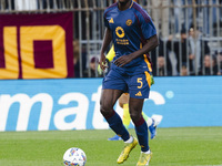 Evan Ndicka plays during the Serie A match between AC Monza and AS Roma in Monza, Italy, on October 6, 2024, at U-Power Stadium (