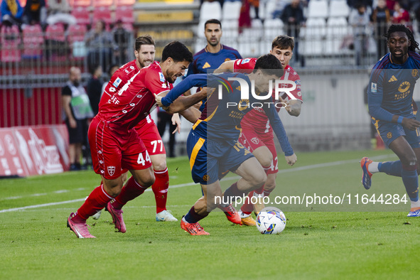 Matias Soule plays during the Serie A match between AC Monza and AS Roma at U-Power Stadium in Monza, Italy, on October 6, 2024 