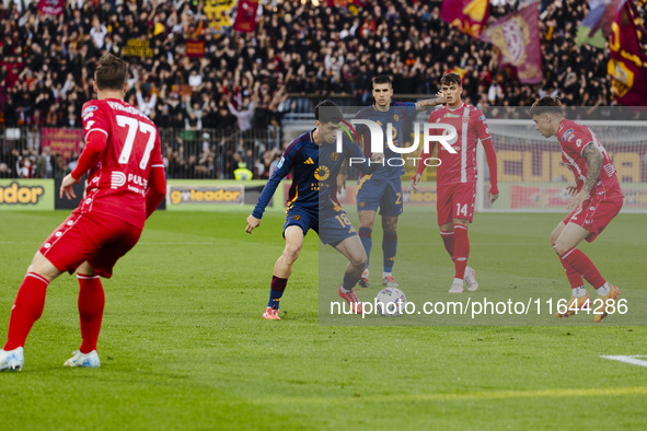 Matias Soule plays during the Serie A match between AC Monza and AS Roma at U-Power Stadium in Monza, Italy, on October 6, 2024 