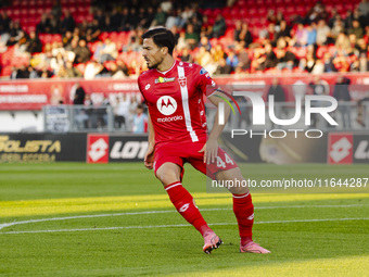 Andrea Carboni plays during the Serie A match between AC Monza and AS Roma at U-Power Stadium in Monza, Italy, on October 6, 2024. (