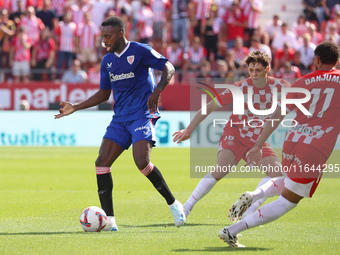 Inaki Williams and Ladislav Krejci play during the match between Girona FC and Athletic Club, corresponding to week 9 of LaLiga EA Sport, at...