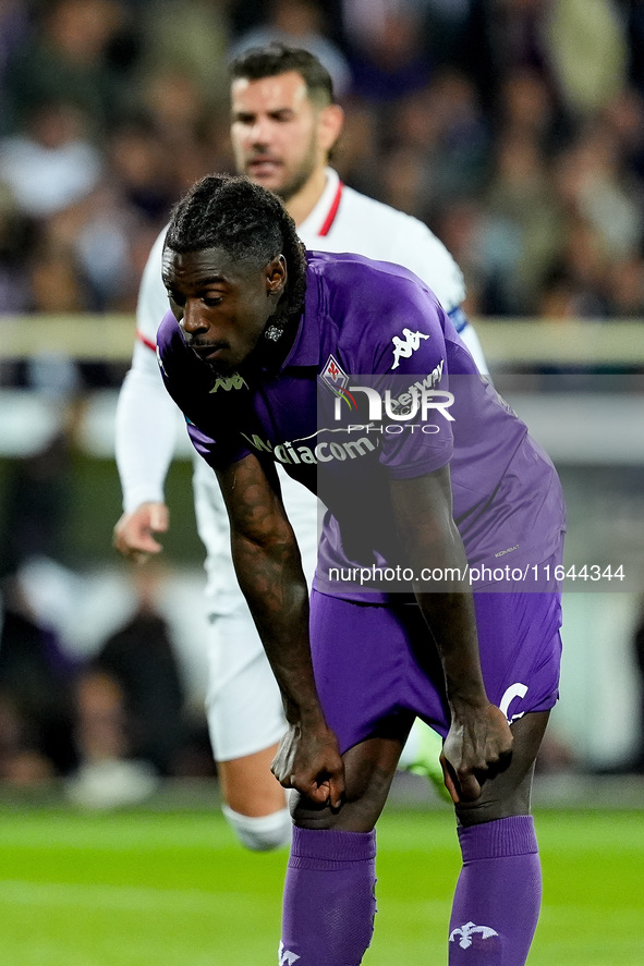 Moise Kean of ACF Fiorentina looks dejected after missing the penalty kick during the Serie A Enilive match between ACF Fiorentina and AC Mi...