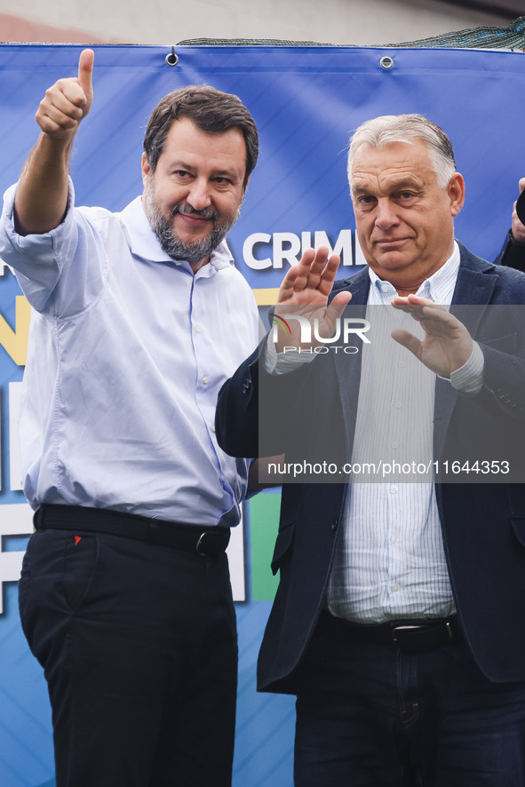 Italian Deputy Prime Minister and Lega political party leader Matteo Salvini and Hungarian Prime Minister and leader of Fidesz Viktor Orban...