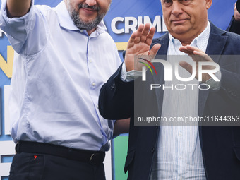 Italian Deputy Prime Minister and Lega political party leader Matteo Salvini and Hungarian Prime Minister and leader of Fidesz Viktor Orban...