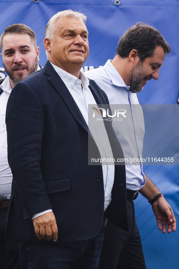 Italian Deputy Prime Minister and Lega political party leader Matteo Salvini and Hungarian Prime Minister and leader of Fidesz Viktor Orban...