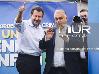 Italian Deputy Prime Minister and Lega political party leader Matteo Salvini and Hungarian Prime Minister and leader of Fidesz Viktor Orban...