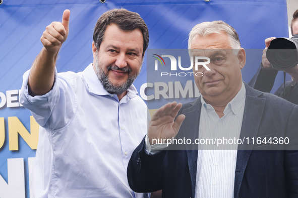 Italian Deputy Prime Minister and Lega political party leader Matteo Salvini and Hungarian Prime Minister and leader of Fidesz Viktor Orban...