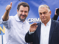 Italian Deputy Prime Minister and Lega political party leader Matteo Salvini and Hungarian Prime Minister and leader of Fidesz Viktor Orban...