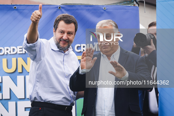 Italian Deputy Prime Minister and Lega political party leader Matteo Salvini and Hungarian Prime Minister and leader of Fidesz Viktor Orban...