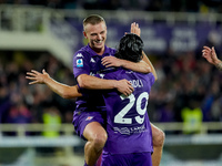 Yacine Adly of ACF Fiorentina celebrates with Albert Gudmundsson after scoring first goal during the Serie A Enilive match between ACF Fiore...