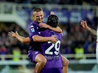 Yacine Adly of ACF Fiorentina celebrates with Albert Gudmundsson after scoring first goal during the Serie A Enilive match between ACF Fiore...