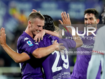 Yacine Adly of ACF Fiorentina celebrates with Albert Gudmundsson after scoring first goal during the Serie A Enilive match between ACF Fiore...