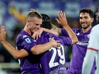 Yacine Adly of ACF Fiorentina celebrates with Albert Gudmundsson after scoring first goal during the Serie A Enilive match between ACF Fiore...