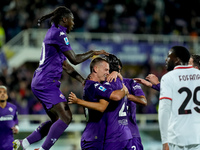 Yacine Adly of ACF Fiorentina celebrates with his team-mates scoring first goal during the Serie A Enilive match between ACF Fiorentina and...