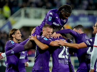 Yacine Adly of ACF Fiorentina celebrates with his team-mates scoring first goal during the Serie A Enilive match between ACF Fiorentina and...