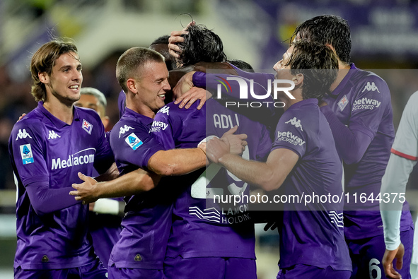 Yacine Adly of ACF Fiorentina celebrates with his team-mates scoring first goal during the Serie A Enilive match between ACF Fiorentina and...