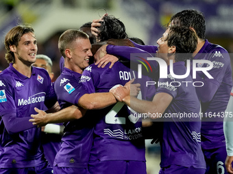 Yacine Adly of ACF Fiorentina celebrates with his team-mates scoring first goal during the Serie A Enilive match between ACF Fiorentina and...