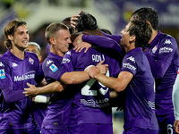 Yacine Adly of ACF Fiorentina celebrates with his team-mates scoring first goal during the Serie A Enilive match between ACF Fiorentina and...