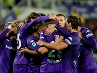 Yacine Adly of ACF Fiorentina celebrates with his team-mates scoring first goal during the Serie A Enilive match between ACF Fiorentina and...