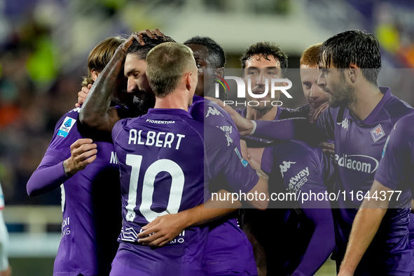 Yacine Adly of ACF Fiorentina celebrates with his team-mates scoring first goal during the Serie A Enilive match between ACF Fiorentina and...