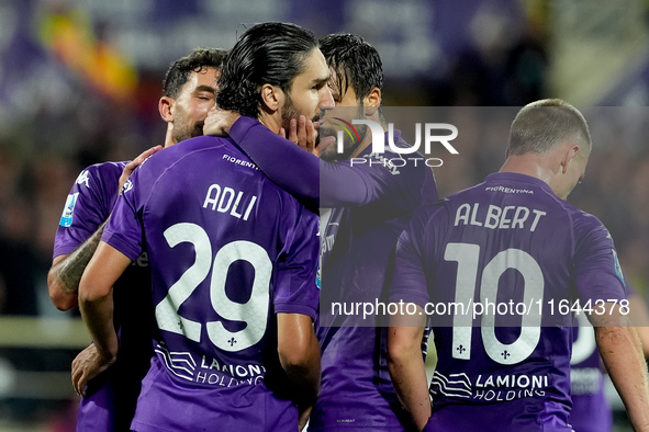 Yacine Adly of ACF Fiorentina celebrates with his team-mates scoring first goal during the Serie A Enilive match between ACF Fiorentina and...