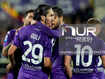 Yacine Adly of ACF Fiorentina celebrates with his team-mates scoring first goal during the Serie A Enilive match between ACF Fiorentina and...