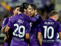 Yacine Adly of ACF Fiorentina celebrates with his team-mates scoring first goal during the Serie A Enilive match between ACF Fiorentina and...