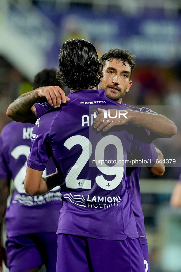 Yacine Adly of ACF Fiorentina celebrates with his team-mates scoring first goal during the Serie A Enilive match between ACF Fiorentina and...