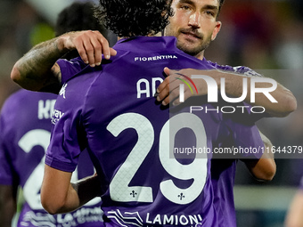 Yacine Adly of ACF Fiorentina celebrates with his team-mates scoring first goal during the Serie A Enilive match between ACF Fiorentina and...