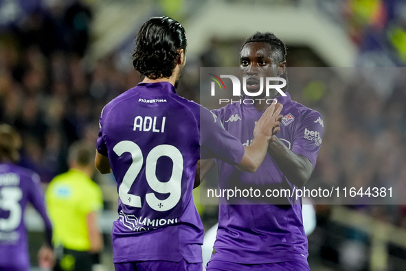 Yacine Adly of ACF Fiorentina celebrates with his team-mates scoring first goal during the Serie A Enilive match between ACF Fiorentina and...