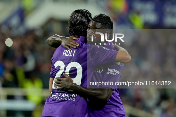 Yacine Adly of ACF Fiorentina celebrates with his team-mates scoring first goal during the Serie A Enilive match between ACF Fiorentina and...