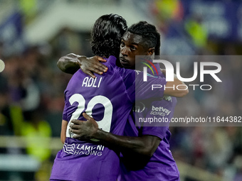 Yacine Adly of ACF Fiorentina celebrates with his team-mates scoring first goal during the Serie A Enilive match between ACF Fiorentina and...