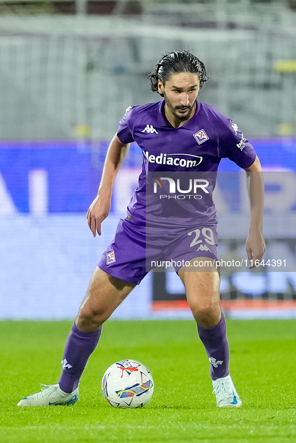 Yacine Adly of ACF Fiorentina in action during the Serie A Enilive match between ACF Fiorentina and AC Milan at Stadio Artemio Franchi on Oc...